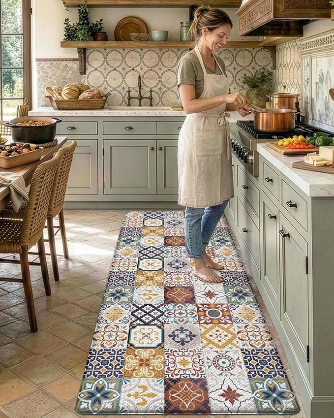 DEXI Anti Fatigue Kitchen Mats for Floor, 23x86, Cushioned Standing Padded Mat Waterproof, Comfort Runner Rug for Laundry Room Office, Colorful Checkered