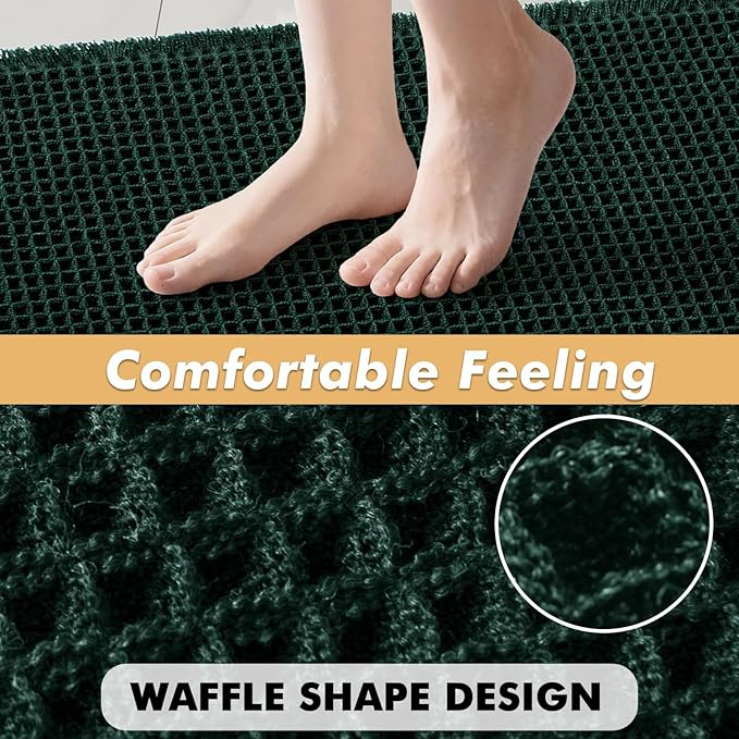 MIULEE Dark Green Set of 2 Waffle Bathroom Rugs, Boho Bath Rugs Non Slip Washable, Super Absorbent Bath Mats, Ultra Soft Rubber Backed Shower Mats for Bathroom Floor, Tub, 17"x24"+18"x30"