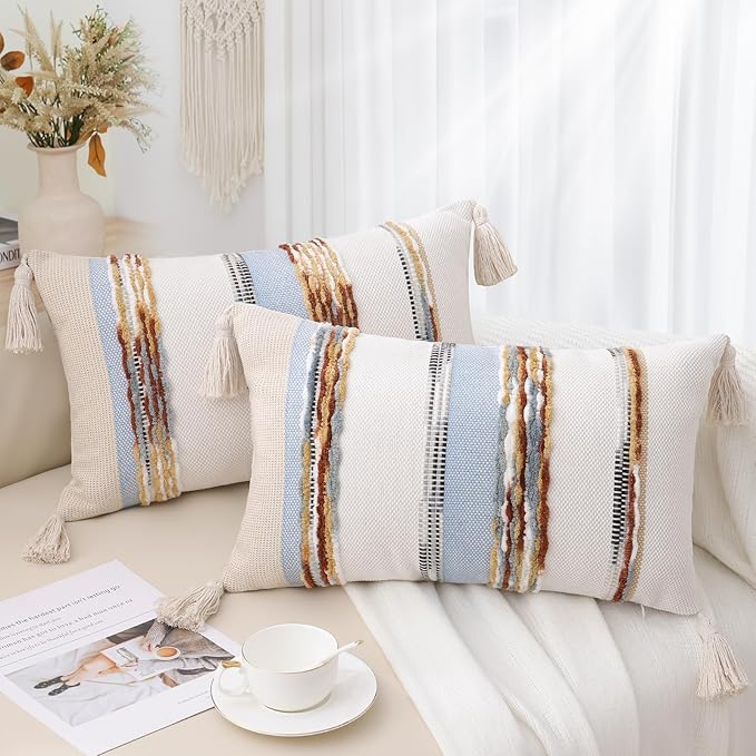 Simmore Boho Decorative Throw Pillow Covers 12x20 Set of 2, Tufted Farmhouse Pillow Covers with Tassels for Cozy Bohemian Couch Sofa Bedroom Home Decor, Blue