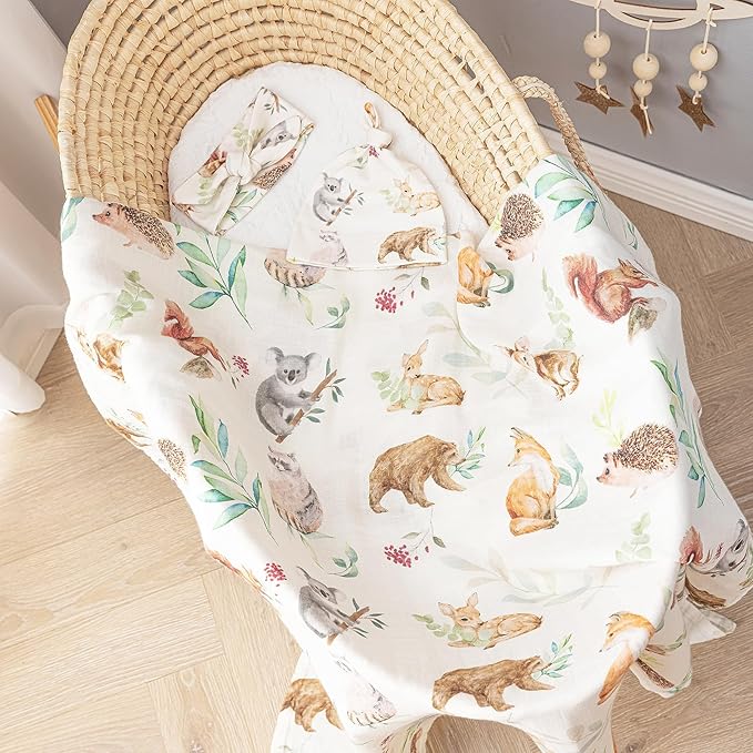 BabyWhale Muslin Swaddle Blanket with Hat and Headband Bow, Animals Print Swaddle Set for Baby Boys ＆ Girls, Newborn Silky Soft Receiving Blanket Wrap, 47x47 inches