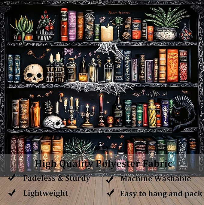 Algasan Magic Bookshelf Tapestry Magical Book Tapestry Gothic Witchy Vintage Library Skull Potion Black Cat Candle Botanical Backdrop for Bedroom Living Room Dorm 59.1 x 51.2 Inches