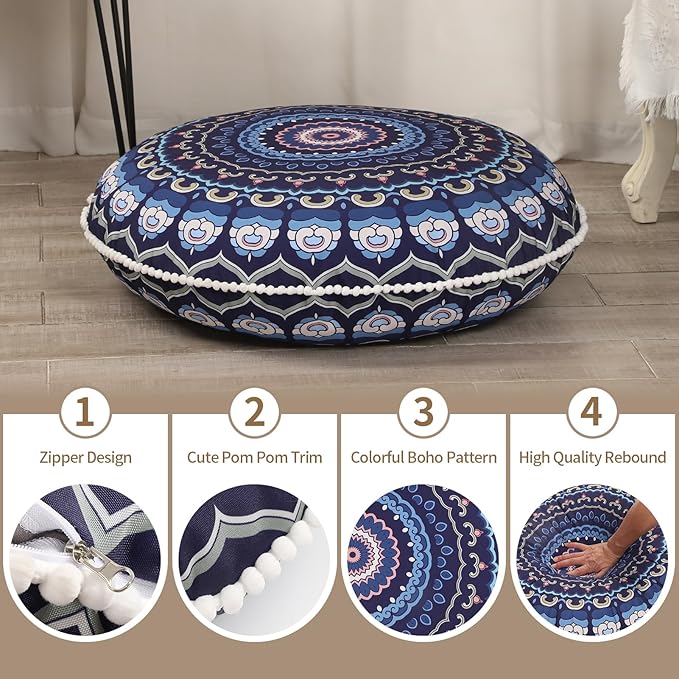 32 inches Meditation Floor Cushion for Adults, 2 Pack Round Large Thick Floor Pillow, Memory Foam Filling, Navy Blue
