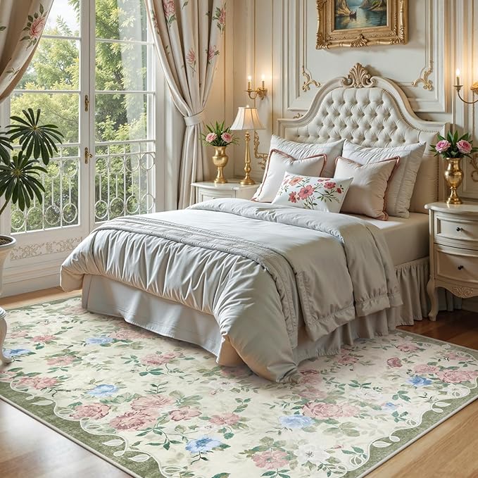 Lahome Vintage Floral Area Rugs 8x10,Large Rugs for Living Room Boho Area Rug Machine Washable, Low Pile Bedroom Rugs 8x10 Carpet for Office Rug Playroom Dining Room Nina（Cream/Green）