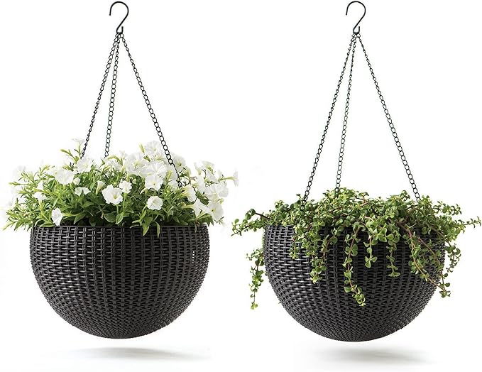 Keter Resin Rattan Set of 2 Round Hanging Planter Baskets for Indoor and Outdoor Plants-Perfect for Porches and Patio Decor, Graphite