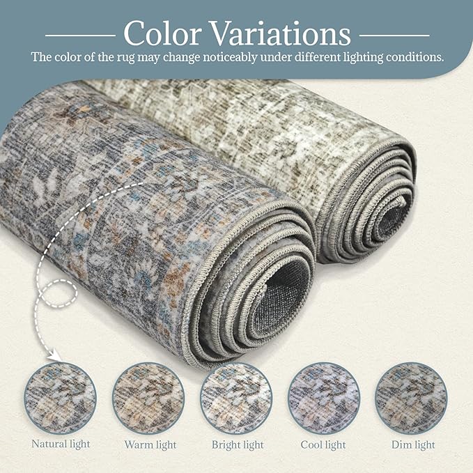 Washable Area Rugs 5'x7' Non-Slip Vintage Boho Distressed Fade Resistant Low Pile Carpet for High-Traffic Living Room, Bedroom & Dining Room
