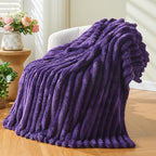 NEWCOSPLAY Super Soft Queen Blanket Purple Premium Silky Flannel Fleece 3D Ribbed Jacquard Lightweight Bed Blanket All Season Use (Purple Ribbed, Queen(90"x90"))