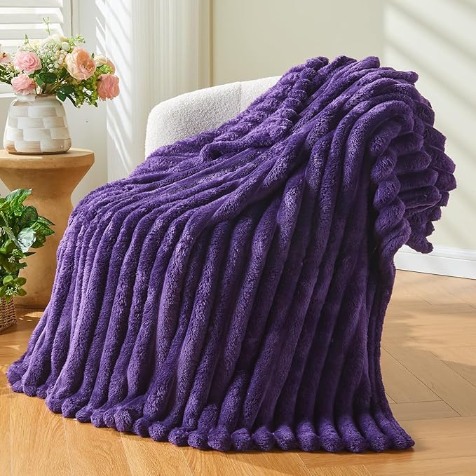 NEWCOSPLAY Super Soft Queen Blanket Purple Premium Silky Flannel Fleece 3D Ribbed Jacquard Lightweight Bed Blanket All Season Use (Purple Ribbed, Queen(90"x90"))