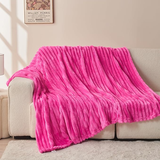 NEWCOSPLAY Super Soft Twin Blanket Hot Pink Premium Silky Flannel Fleece 3D Ribbed Jacquard Lightweight Bed Blanket All Season Use (Hot Pink Ribbed, Twin(60"x80"))