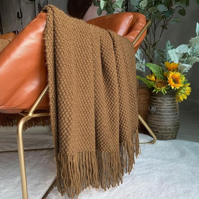 LOMAO Knitted Throw Blanket with Tassels Bubble Textured Soft Blanket Lightweight Warm Throws for Couch Cover Home Decor (Khaki, 50x60)