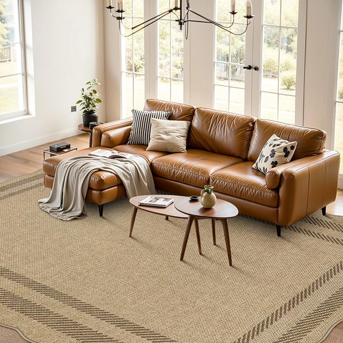 LIVEBOX Scalloped Washable 8x10 Rug, Easy Jute Tan Rug for Living Room, Indoor Outdoor Patio Non Slip Rugs for Bedroom, Geometric Farmhouse Dining Room Mat Modern Carpet Area Rug for Home Office Decor