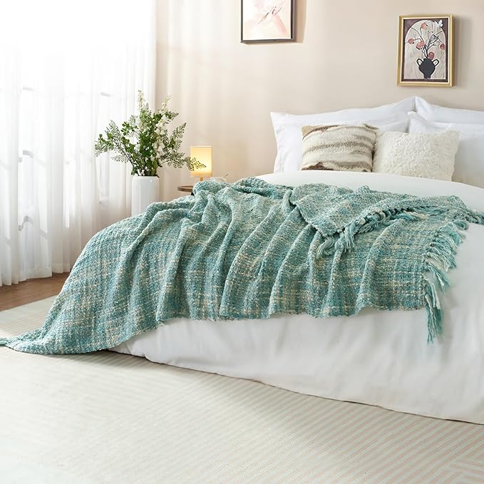 Multi-Color Turquoise Cable Woven Throw Blanket for Couch,50"X60" Boho Style Textured Blankets for Home Decor,Super Soft Warm Cozy Chunky Blanket with Decorative Tassels for Bed