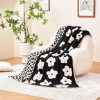 Checkered Throw Blanket, Black Super Soft Knit Breathable Throw Blanket, Cozy Fluffy Reversible Checkerboard Flower Fuzzy Blanket for Couch Sofa Bed Living Room Decor 60 x 80 Inch