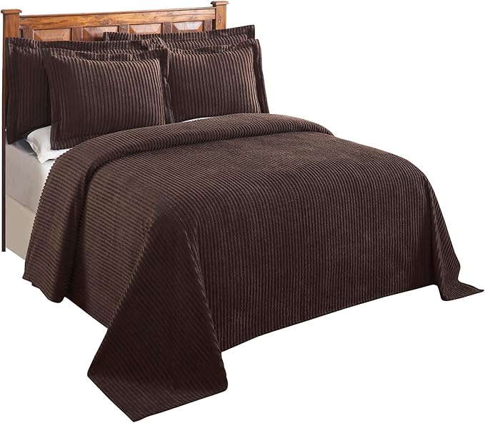 Better Trends Chenille Bedspreads Twin Size, Chocolate 100% Cotton Chenille Stripe Design Tufted Bedding Coverlet Soft Lightweight, 96"x110" with 1 PC Sham 2 Pieces Set Jullian Collection