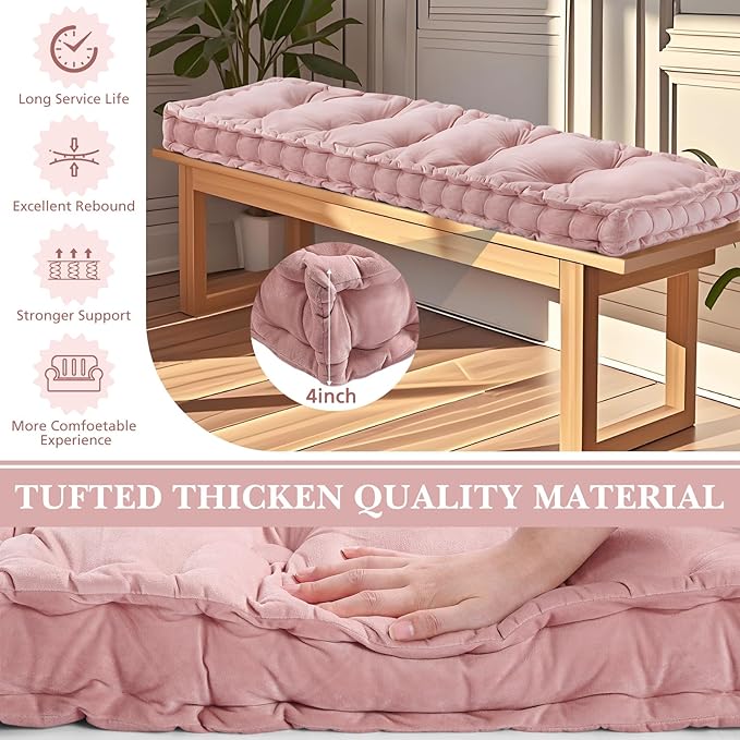 Bench Cushions for Indoor Furniture 40x20 in Velvet Kitchen Dining Piano Window Seat Cushion, Tufted Patio Porch Swing Thicken Bench Pad Memory Foam(Pink)