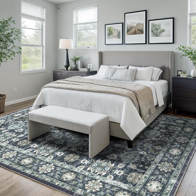 Washable 5×7 Area Rug for Living Room, Vintage Floral Rug Soft Non Slip Stain Resistant Boho Carpet for Indoor Bedroom Dinning Room Home Office Blue/Navy