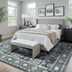 Washable 9×12 Area Rug for Living Room, Vintage Floral Rug Soft Non Slip Stain Resistant Boho Carpet for Indoor Bedroom Dinning Room Home Office Blue/Navy