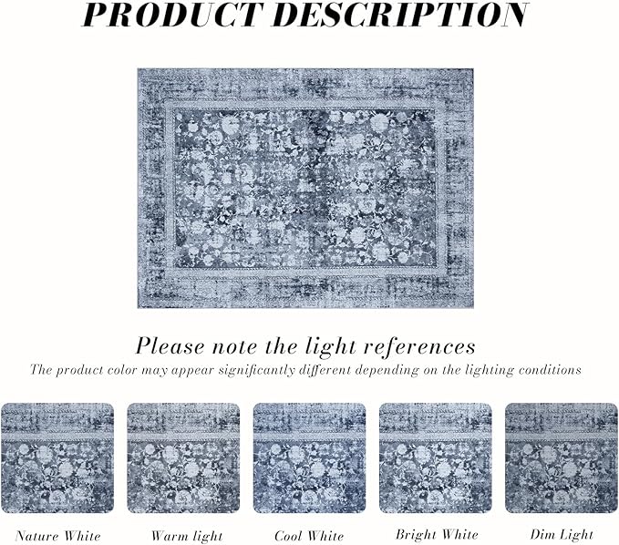 Area Rug 4×6, Vintage Boho Rug,Ultra-Soft Low Pile, Washable, Non Slip,Stain Resistant Printed Carpet for Living Room Bedrooms Playroom Office Kitchen, Stone/Blue