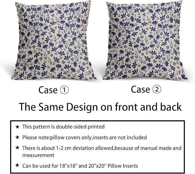 Navy Blue Floral Pillow Covers 16x16 Set of 2 Vintage Rustic Old Style Cute Small Flower Blue Cream Print Decorative Outdoor Pillowcases Farmhouse Throw Cushion Case Decor for Couch Sofa Bed