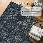 Vintage Black Washable Area Rugs 5x7 for Living Room, Distressed Medallion Printed Rugs for Bedroom, Non Slip Washable Low Pile Thin Carpet Rugs for Dining Room/Kitchen/Foyer/Home Office