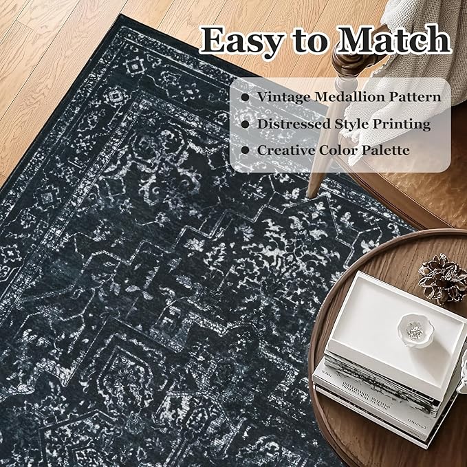 Dark Black 2x6 Runner Rugs for Hallway Entryway, Kitchen Runners Washable Non Slip Low Pile, Vintage Distressed Medallion Printed Rugs for Mudroom/Bedroom Bedside/Laundry Room/Bathroom