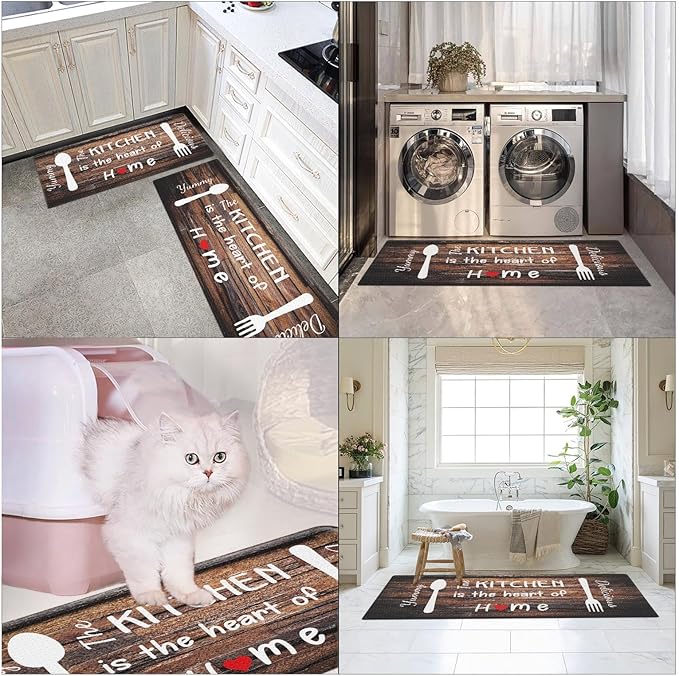Arttown Brown Farmhouse Anti-Fatigue Kitchen Rug Set of 2 Knife Fork Home Wooden Vintage Cushioned Floor Standing Mat Waterproof Non-Slip Kitchen Mat and PVC Ergonomic Comfort Foam Rug