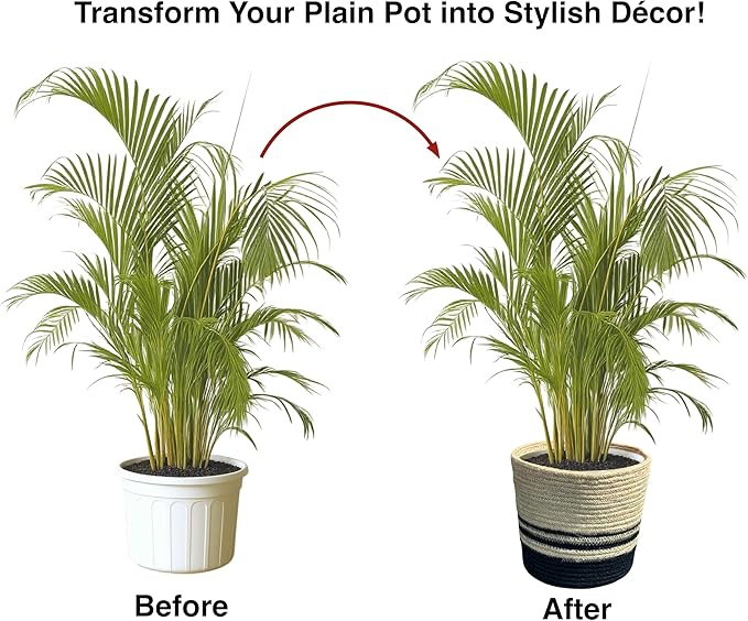 Planter Basket Set – 5-Piece Handwoven Jute Planter Basket for Home Decor, Nursery, or Indoor Plants (5'' to 8'' Diameter, 4.75'' to 7.75'' Height) – Fold & Wrinkle Free - Natural with Black Stripe