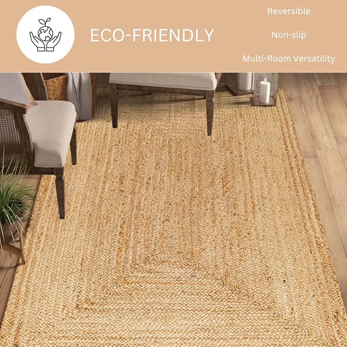 Handcrafted Jute Braided Rug 3x5 Feet - 100% Natural Jute Area Rug - Rustic Farmhouse Boho Accent Rug for Living Room Bedroom Kitchen Hallway Entryway Reversible Handwoven Floor Rug
