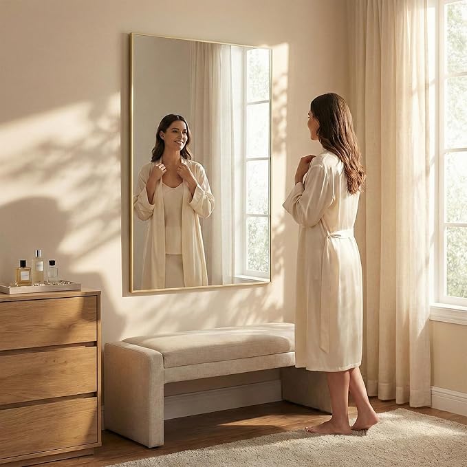 36"x48" Large Gold Bathroom Mirror, Metal Framed Vanity Mirror for Wall, Wide 48"x36" Rectangular Mirror Over Sink, Luxury Living Room Decor, Flush Mount