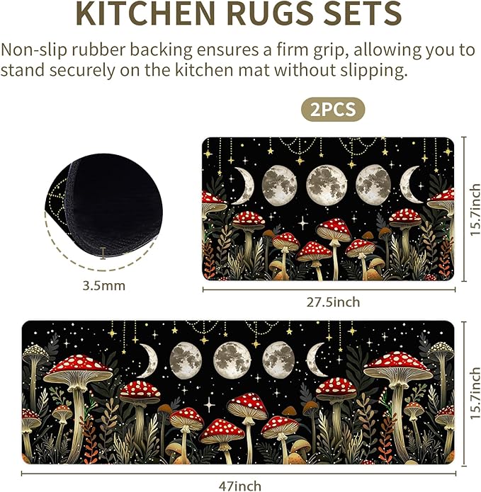 Mushrooms Rugs for Kitchen Floor,Moon Anti Fatigue Mats for Kitchen Floor Non Slip, 2PCS Rubber Kitchen Mat, Washable Cushioned Runner Carpet Rug for Sink Laundry 15.7"×27.5" +15.7"×47" 3.5mm Black