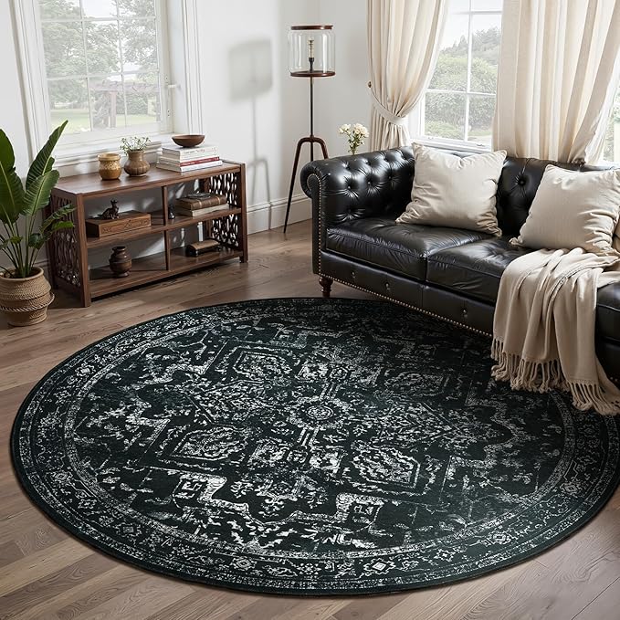 Dark Round Rugs 6ft, Low Pile Thin Circle Area Rugs for Bedroom Living Room Washable Non Slip, Vintage Medallion Distressed Round Carpet for Kitchen Dining Room, Black and White