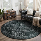 Dark Round Rugs 6ft, Low Pile Thin Circle Area Rugs for Bedroom Living Room Washable Non Slip, Vintage Medallion Distressed Round Carpet for Kitchen Dining Room, Black and White