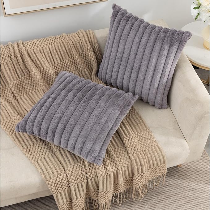 ZLINA Set of 2 Dark Grey Faux Fur Decorative Throw Pillow Covers Fluffy Striped Pillowcase Cushion Covers 24 x 24 Inch Decor Sofa Couch Bedroom