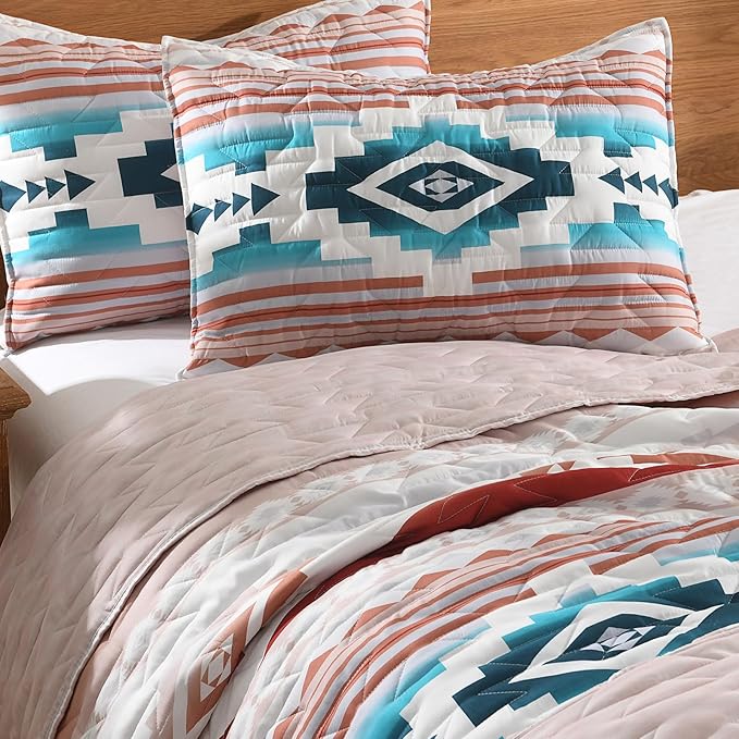 HORIMOTE HOME Southwestern Aztec Quilt Set Queen/Full Size - 3-Piece Tribal Geometric Pattern Bedspread with 2 Pillow Shams, Boho Rustic Bedding Set All Season Quilted Coverlet （Terracotta/Teal）