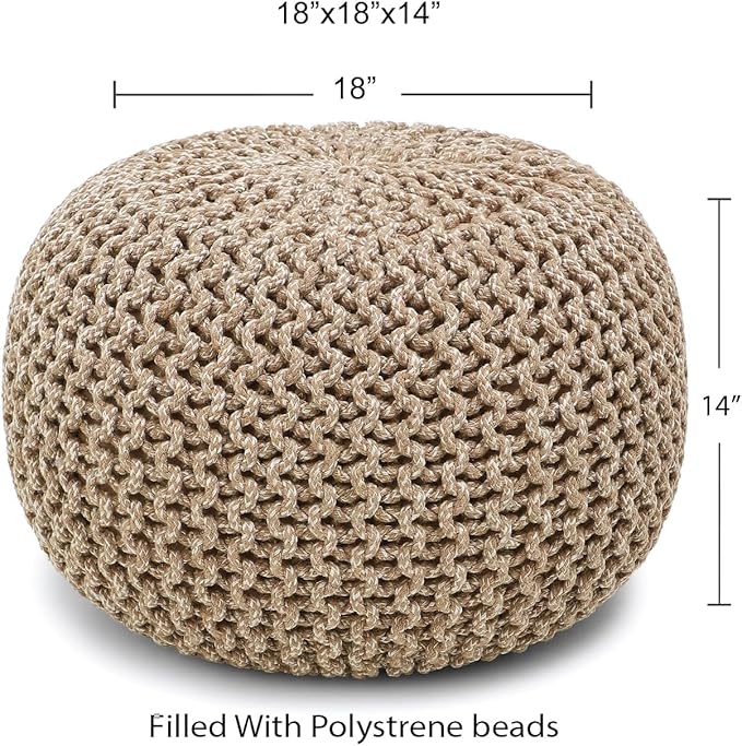 REDEARTH · Round Pouf Ottoman - Hand Knitted Cable Boho Poof Home Décor Pouffe Circular Footrest for Living Room - Nursery - Bedroom - Lounge 100% Cotton (18”x18”x14”) - Beige Ivory, Set of 2