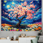 Amhokhui Starry Sky Tapestry Cherry Blossom Tree Tapestry Japanese Anime Tapestries Colorful Floral Flower Tapestries Aesthetic Art Fantasy Landscape Wall Hanging Decor for Home