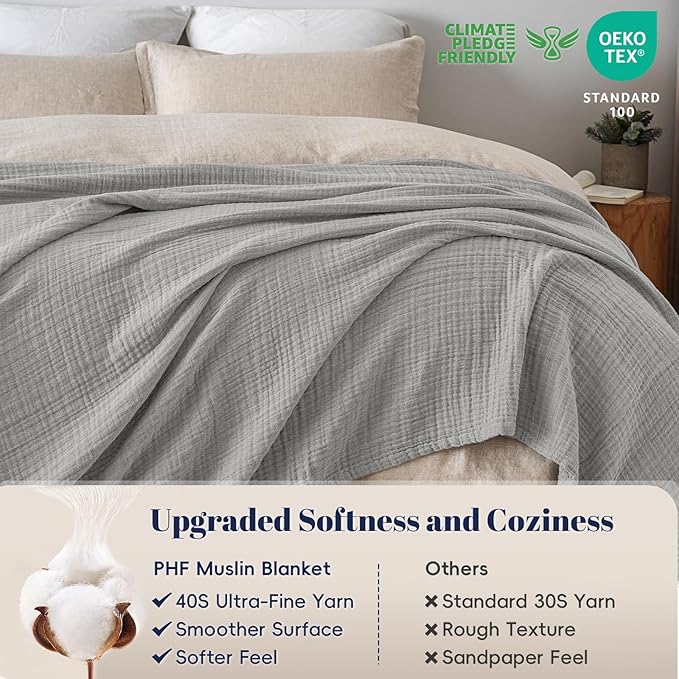 PHF 100% Cotton Muslin Blanket King Size 108"x90", 4-Layer Lightweight Gauze Throw, Breathable Cloud-Soft Minimalist Blanket for Bed, Couch, Camping & Baby, Light Grey, Ideal Gift