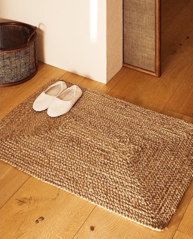 FRELISH DECOR Handwoven Jute Area Rug - 2x3 feet - Natural Yarn - Rustic Vintage Beige Braided Reversible Rug - Eco Friendly Rugs for Bedroom - Kitchen - Living Room - Farmhouse (2'x3')