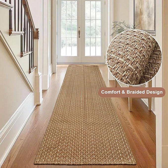 Bathroom Runner Rug,Boho 2x6 ft Hallway Runner,Braided Style Neutral Kitchen Runner Rugs,Faux Jute Rug with Rubber Backing,Machine Washable Solid Entryway Runner Non Slip,Tan Brown