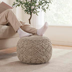 Ornavo Home Pouf Ottoman Foot Rest - 100% Cotton Pouffe - Hand Knitted Macrame Braid - Boho Round Stuffed Ottoman for Living Room, Bedroom - Beige