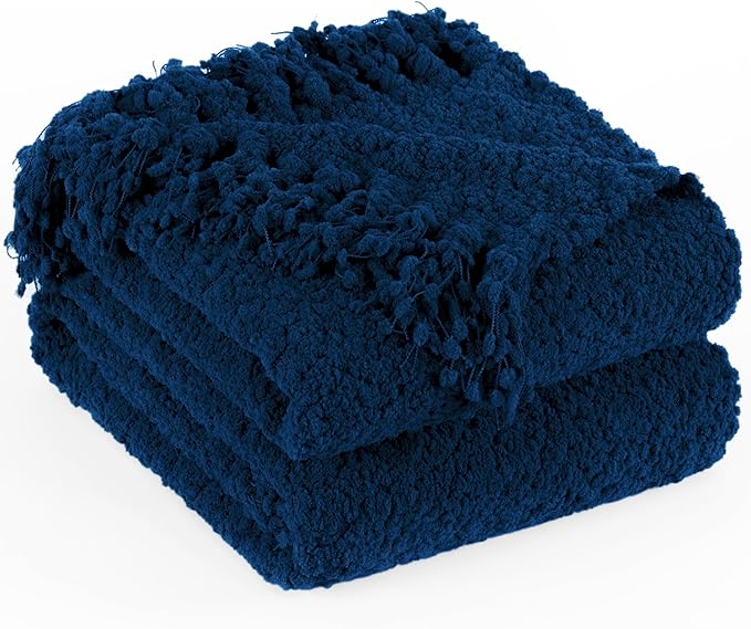 Throw Blanket for Couch, Navy Blue Luxury Knitted Throws 60"x80", Textured Blankets with Handmade Fringe Tassels for Bed Sofa Decorative, Chunky Soft Farmhouse Boho Home Decor