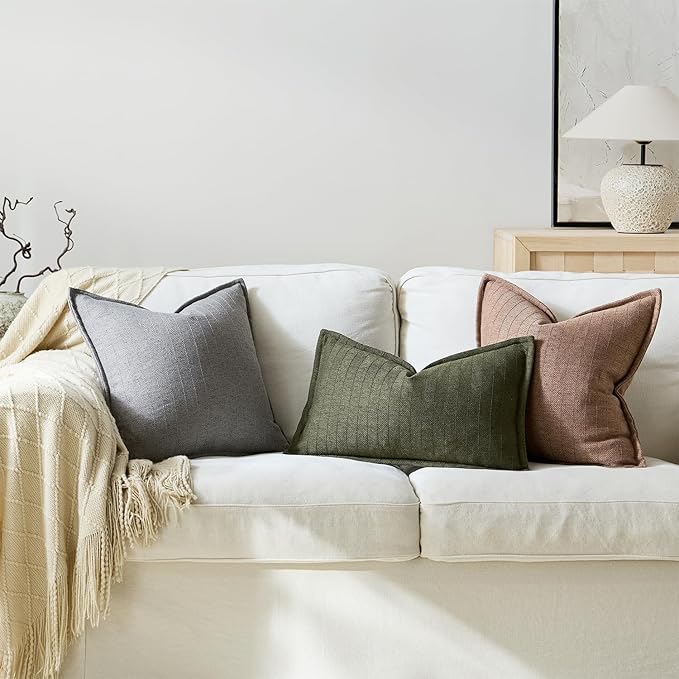 18x18 Linen Pillow Covers Brown Pack of 2 Farmhouse Boho Neutral Accents Striped Textured Square Decorative Throw Pillow Cases for Living Room Couch Bed Home Decor