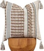 AmHoo Chenille Striped Textured Boho Throw Pillow Covers Aesthetic with Tassels Woven Decorative Pillow Case for Couch Bed Sofa Bedroom Modern Funky 18 x 18-Inch Taos Taupe