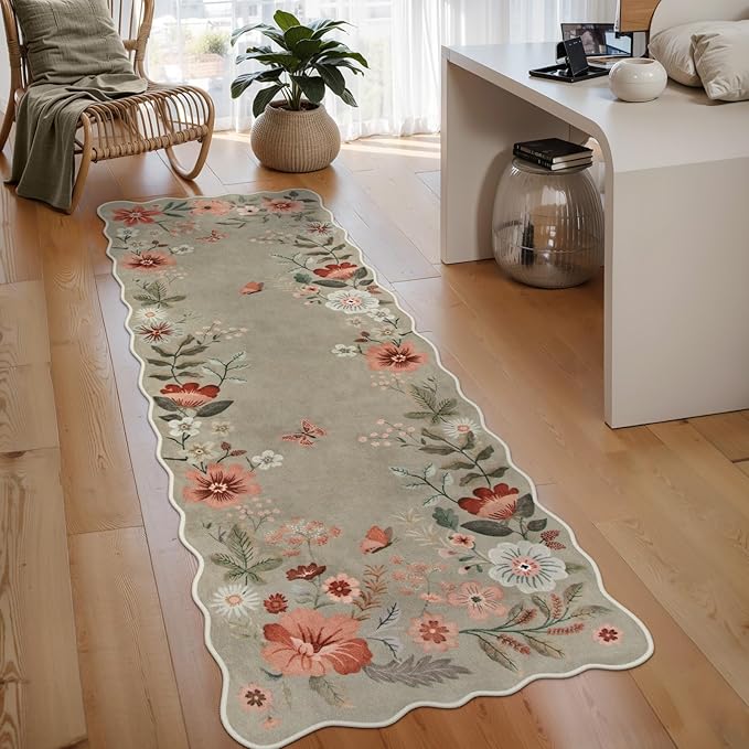 Lahome Floral Kitchen Runner, 2X6 Washable Runner Rug Non-Slip, Ultra-Thin Soft Hallway Rug Stain Resistant Boho Carpet for ‎Bedroom Laundry Bathroom Flore, Brown