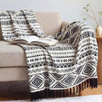 CASAAGUSTO Boho Throw Blanket - Black and White Decorative Blankets with Tassel, Printed Flannel Bohemian Blanket for Chair, Bed, Sofa, Couch(50 * 60, Black and White)