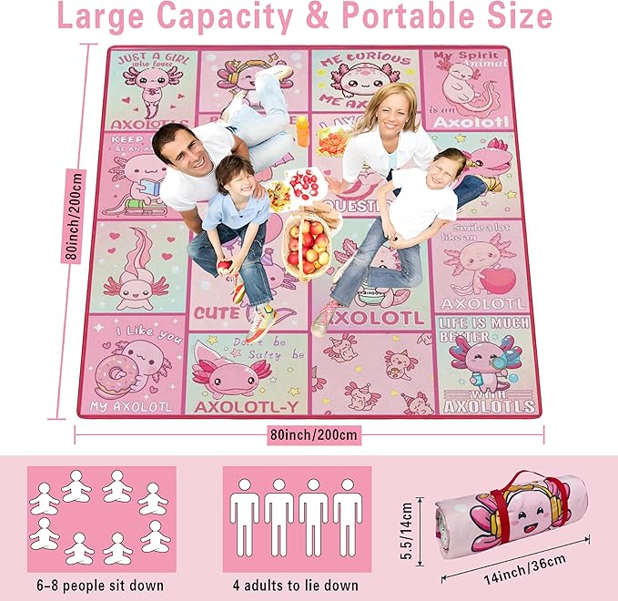 Extra Large Picnic Blankets Waterproof Foldable (80"x 80") Axolotl Beach Blanket Waterproof Sandproof,3-Layer Thicking Mat Outdoor Packable Camping Blanket