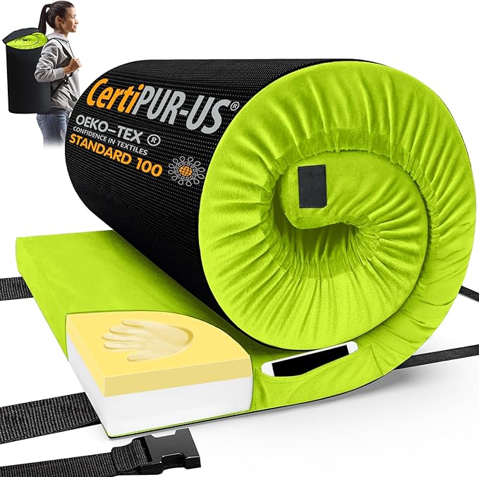 CYMULA Memory Foam Camping Mattress Pad, CertiPUR-US Sleeping Mat, Portable Roll Up Mattress for Adults, Camping Bed Pads for Sleepover, Car Bed with Travel Bag