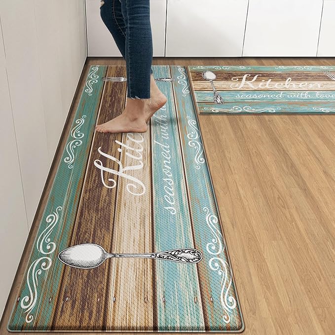 Arttown Teal Farmhouse Anti-Fatigue Kitchen Rug Set of 2 Brown Knife Fork Rustic Vintage Cushioned Floor Standing Mat Waterproof Non-Slip Kitchen Mat and PVC Ergonomic Comfort Foam Rug