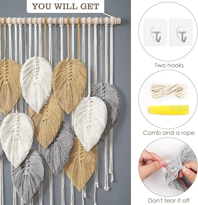 LOMOHOO Macrame Wall Hanging Leaves Boho Wall Decor Bohemian Handmade Woven Wall Art Decoration for Bedroom Living Room Apartment Dorm Gallery Perfect Handmade Gift Ideas 23.6" W x 30.7" L