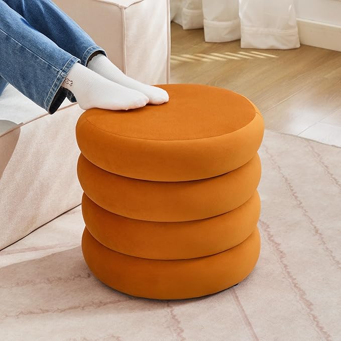 Compact Round Ottoman with Storage, Small Velvet Vanity Stool for Dorm, Modern Tufted Circle Ottoman with Removable Lid for Entryway and Lounge, Orange