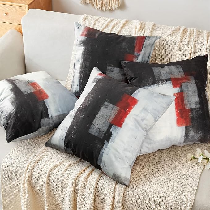 COLORPAPA Red and Black Throw Pillow Covers 20x20 Set of 4 Decorative Cushion Cover Grey Abstract Art Painting Pillowcase for Sofa Bedroom Living Room Décor